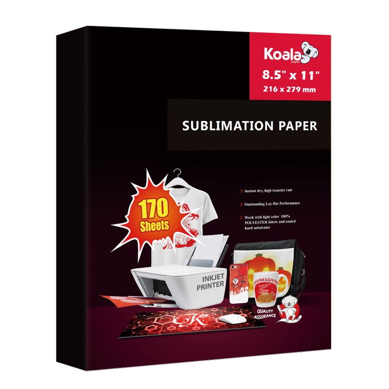 KOALA PAPER ورق كوالا للطباعة السفلية 170 ورقة 8.5x11 بوصة 105 جرام، مناسب لتخصيص الأكواب، تي شيرتات فاتحة اللون وغيرها من المواد القابلة للطباعة السفلية، متوافق فقط مع حبر الطباعة السفلية - Image 1
